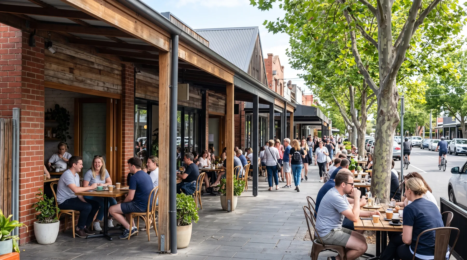 Illustrative town centre with shops, awnings and street trees